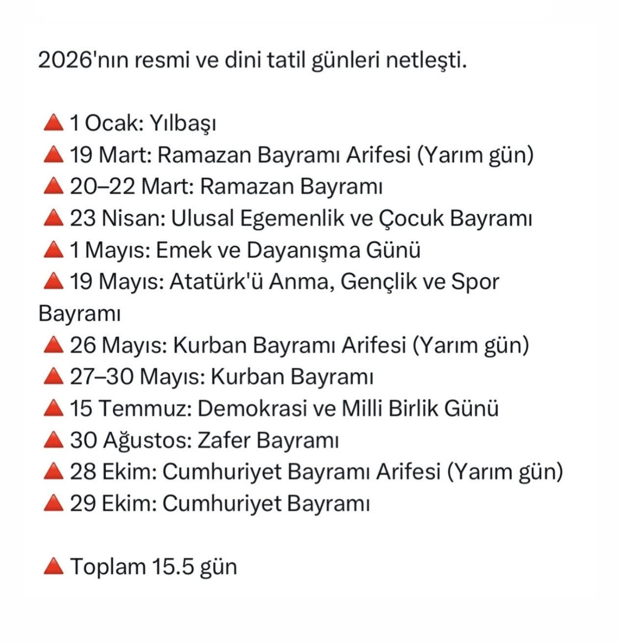 2026 YILININ RESMİ TATİL GÜNLERİ BELLİ OLDU